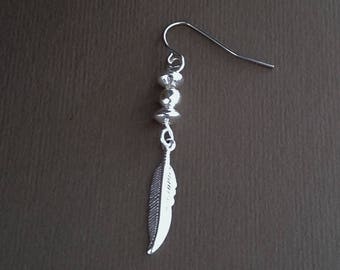 Men's Dangle Earring, Silver-plated long feather earring, Unisex earring, gift for him