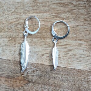 Men&#39;s Dangle Earring, Silver Plated Feather with Hypoallergenic hook, Unisex