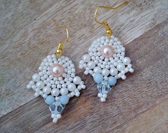 Beaded Pearl Dangle Earrings. Swarovski blue crystal, peach and cream pearls and seed beads, gold-plated ear hook