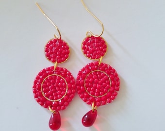 Long Red and Gold Dangle Earrings, Red seed bead circle earrings with gold-plated ear hooks