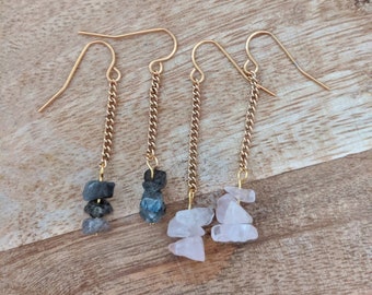Natural Gemstone Earrings. Long Rose Quartz or Labradorite and Gold chip bead dangle earrings. Gold-plated ear hook