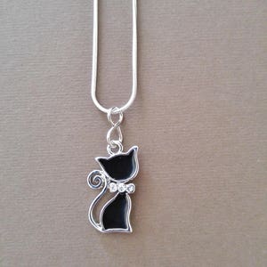 Cat Necklace, Cute Black Cat Necklace, Silver-plated chain with Rhinestone Bow, Gift for her, Elegant kitty cat image 3