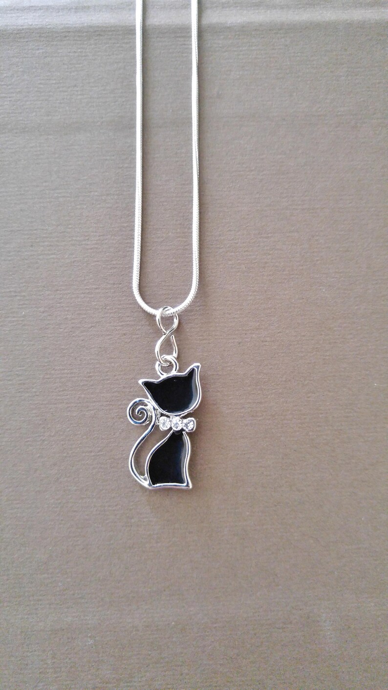 Cat Necklace, Cute Black Cat Necklace, Silver-plated chain with Rhinestone Bow, Gift for her, Elegant kitty cat image 3