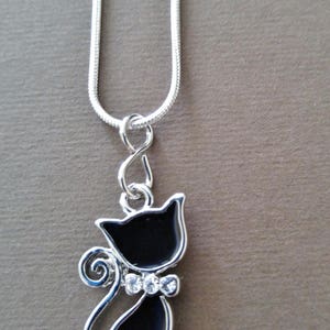 Cat Necklace, Cute Black Cat Necklace, Silver-plated chain with Rhinestone Bow, Gift for her, Elegant kitty cat image 5