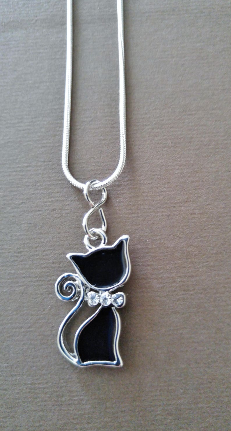 Cat Necklace, Cute Black Cat Necklace, Silver-plated chain with Rhinestone Bow, Gift for her, Elegant kitty cat image 5