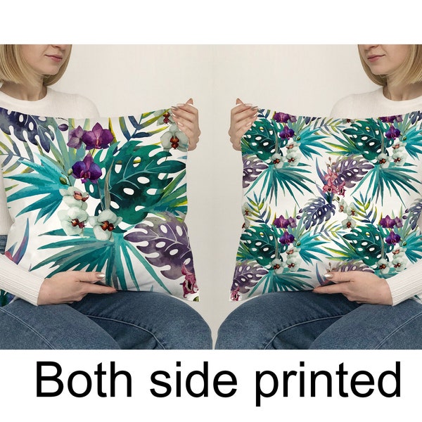 Purple orchid pillow cushion cover - turquoise palm leaves - Water tropical home decor - Both side printed decorative pillow