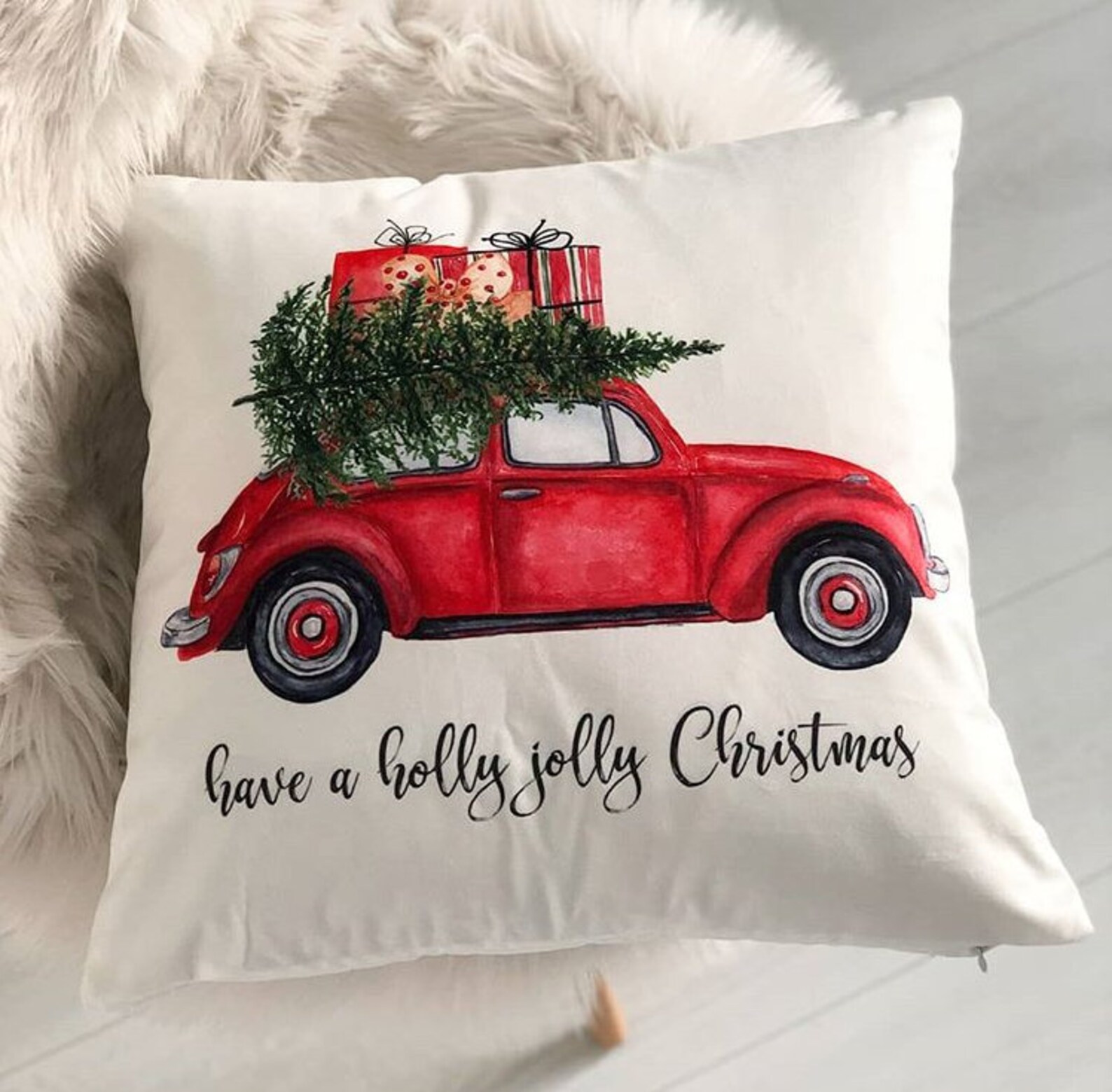 Red Truck Christmas Pillow Cover Red Car Christmas Print Etsy