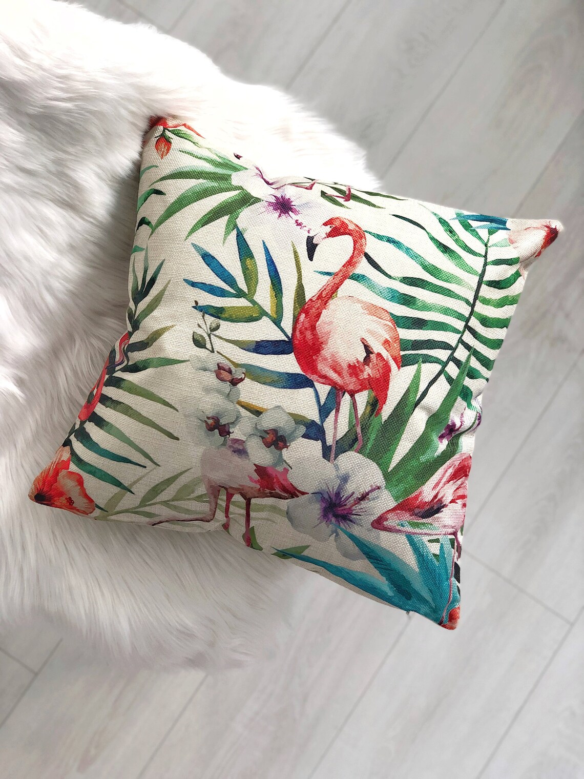 Flamingo Throw pillow case with Floral Leaf Pattern / flamingo Etsy