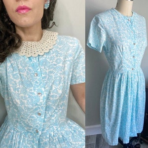 1960s vintage button down blue and white floral shirtwaist dress/Poppies/NPC fashions/Spring dress/The Porcelain dress