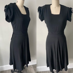 1940s Rayon Crepe Black dress Vintage belt peplum Bow ties Side metal zipper Draping 40s Fashion Small The Black Widow Dress image 2