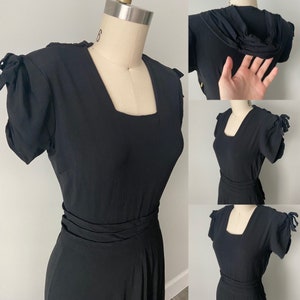 1940s Rayon Crepe Black dress Vintage belt peplum Bow ties Side metal zipper Draping 40s Fashion Small The Black Widow Dress image 7