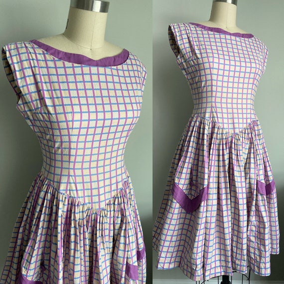 1950s Purple checker dress large Patch pockets Vi… - image 7