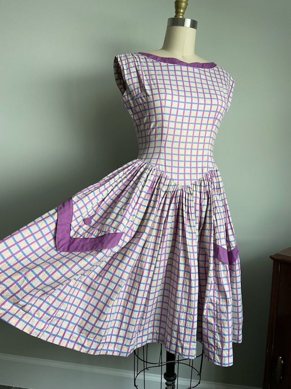 1950s Purple checker dress large Patch pockets Vi… - image 3
