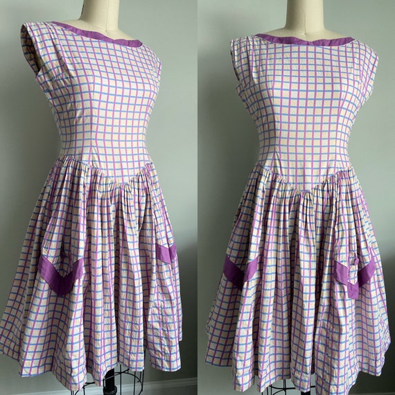 1950s Purple checker dress large Patch pockets Vi… - image 2