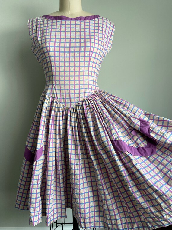 1950s Purple checker dress large Patch pockets Vi… - image 8
