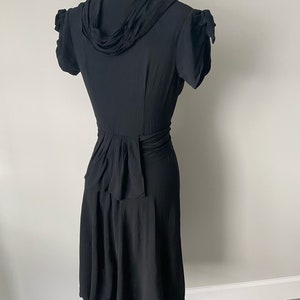 1940s Rayon Crepe Black dress Vintage belt peplum Bow ties Side metal zipper Draping 40s Fashion Small The Black Widow Dress image 3