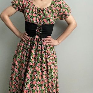1960s 1970s Floral maxi dress Peasant corset tie waist pink,coral,purple,green,black,white Flowers Hippie Boho Puff sleeve dress
