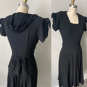 1940s Rayon Crepe Black dress Vintage belt peplum Bow ties Side metal zipper Draping 40s Fashion Small The Black Widow Dress image 1