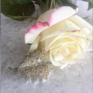 Vintage 1950s rhinestone leaf brooch clear midcentury Fifties brooch Emerald cut rhinestone brooch