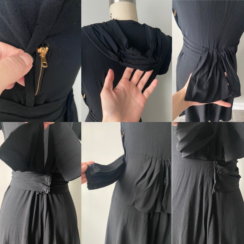 1940s Rayon Crepe Black dress Vintage belt peplum Bow ties Side metal zipper Draping 40s Fashion Small The Black Widow Dress image 8
