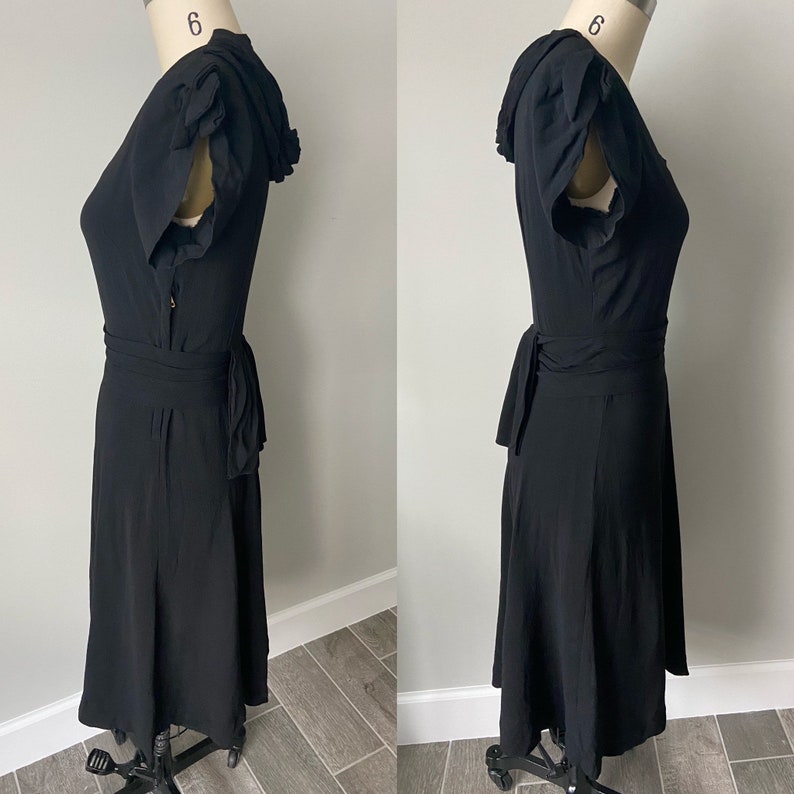 1940s Rayon Crepe Black dress Vintage belt peplum Bow ties Side metal zipper Draping 40s Fashion Small The Black Widow Dress image 6