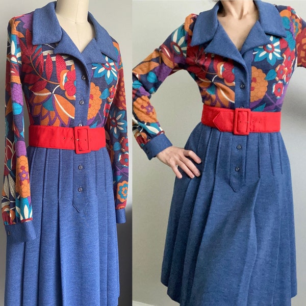 1970s vintage floral knit dress Scooter skirt psychedelic flowers Collar button down polyester Fall dress Orange white purple red blue Funky