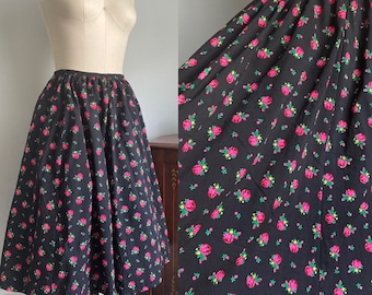 1940s 1950s Lanz Skirt Vintage Rose print full skirt circle skirt 50s sock hop Spring summer lightweight black pink floral flowers