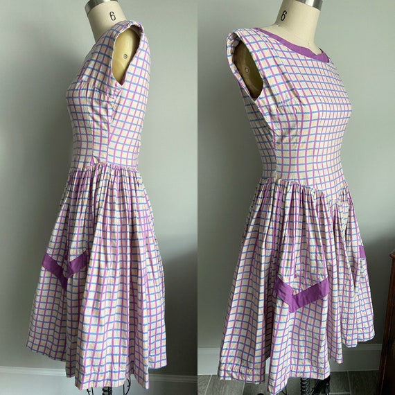 1950s Purple checker dress large Patch pockets Vi… - image 4