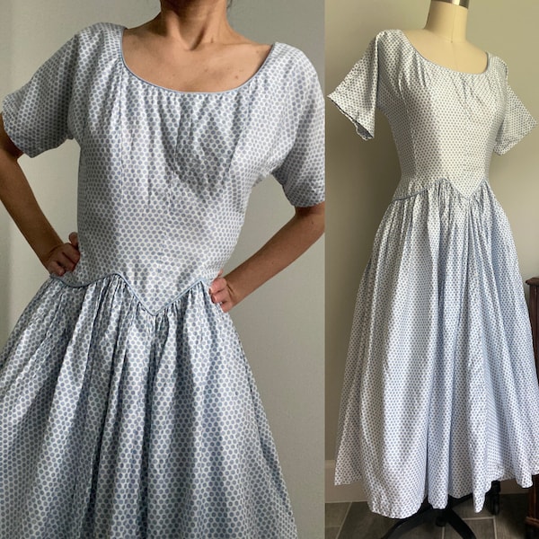 1950s vintage polka dot dress Full skirt Maggi Stover label 50s circle skirt Novelty print Basque waist Party dress Polished cotton Daydress