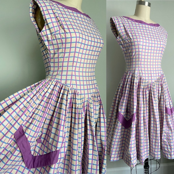 1950s Purple checker dress large Patch pockets Vi… - image 1