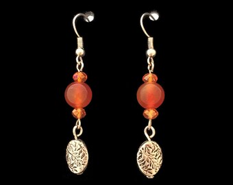 Carnelian and Crystal Earrings with a Silver Tone Leaf Motif Oval