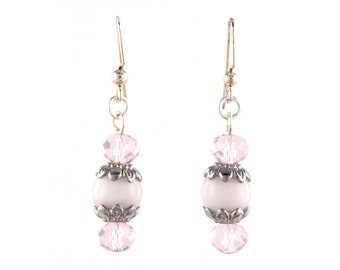 Pale Pink Agate and Pink Crystal Earrings