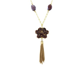 Purple Iris Cloisonné with Oval Faceted Bead and Tassel Necklace