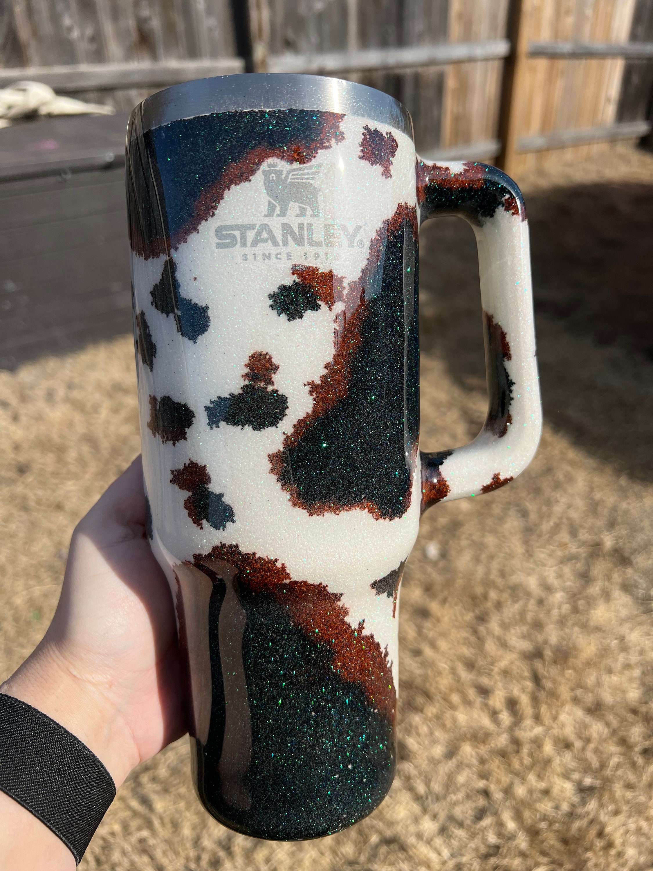 Stanley 40 Oz. Handled Cow Print Tumbler Cowhide Glitter Cup Cow Spot  Monogram Tiktok Farmhouse Western Black, Brown, & White Cow Print 