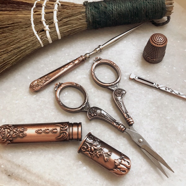 Craft artisan tool kit, maker craft gift kit with scissors, awl, weaving needle case, and thimble. For embroidery cross stitch