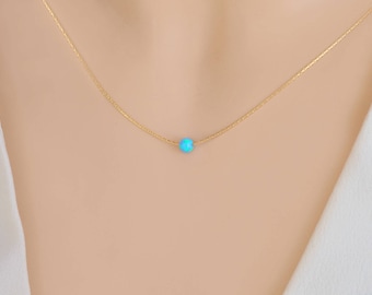 Minimalist Necklace with Blue Opal Ball, Delicate Necklace, Dainty Necklace, Minimal Gold Choker