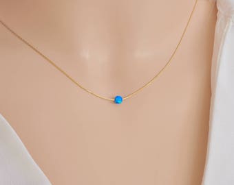 Tiny Opal Pendant in Minimalist Style for Everyday Wear, Blue Bead Necklace, Jem Stone Jewelry, Dot Ball Chain, Layered Necklace