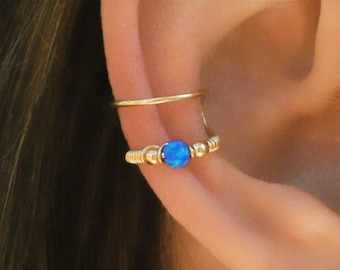 Dark Blue Opal Ear Cuff, Ear Cuff, Fake Piercing, No Piercing, Double Cuff, Cartilage Cuff, Cuff, DOUBLE WRAP CUFF