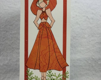 Greeting Card Birthday Card Lady Dress Orange Fancy Strands Pearls Lace NEW