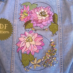 Veste en jean brodée, broderie Dahlia, motif de broderie pivoine. Motifs de broderie à la main pour embellir la veste en jean. image 2