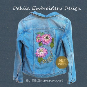 Veste en jean brodée, broderie Dahlia, motif de broderie pivoine. Motifs de broderie à la main pour embellir la veste en jean. image 7