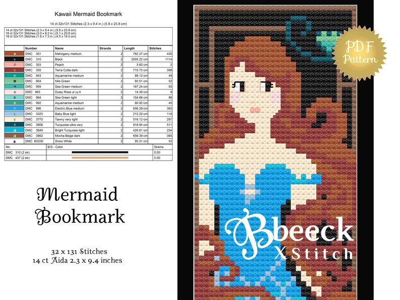Cross Stitch Bookmark Pattern Kawaii Mermaid Pdf Instant Download. - Etsy