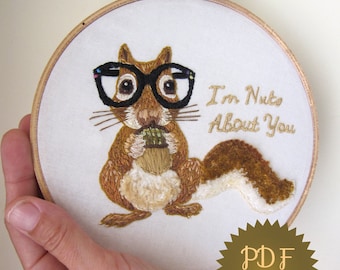 Squirrel embroidery design, animal hand embroidery pattern, funny embroidery hoop art, nerd embroidery, squirrel lover gift