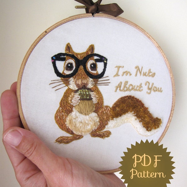 Squirrel embroidery design, animal hand embroidery pattern, funny embroidery hoop art, nerd embroidery, squirrel lover gift