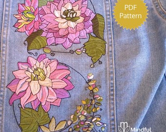 刺繍デニムジャケット用の花柄刺繍パターン（PDF）。装飾ジーンズ 