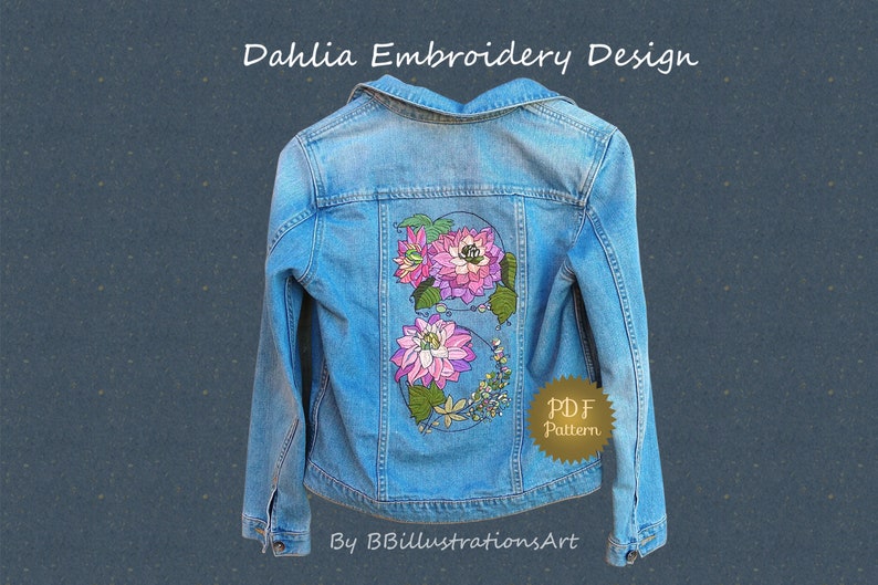 Veste en jean brodée, broderie Dahlia, motif de broderie pivoine. Motifs de broderie à la main pour embellir la veste en jean. image 7