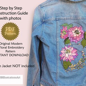 Embroidered Denim Jacket, Dahlia Embroidery, Peony Embroidery Design. Hand Embroidery Designs to Embellish Denim Jacket.