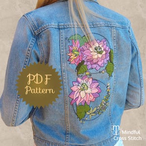 Floral Embroidery Pattern pdf for Embroidered Denim Jacket. Dahlia Embroidery for Embellished Jean Jackets. Upcycled Denim Jacket, DIY Denim