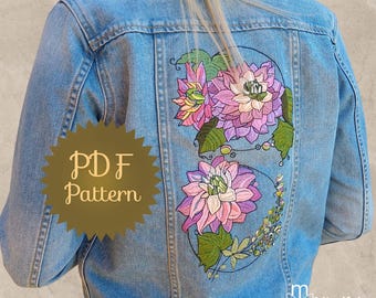 刺繍デニムジャケット用の花柄刺繍パターン（PDF）。装飾ジーンズジャケット用ダリア刺繍。アップサイクルデニムジャケット、DIYデニム