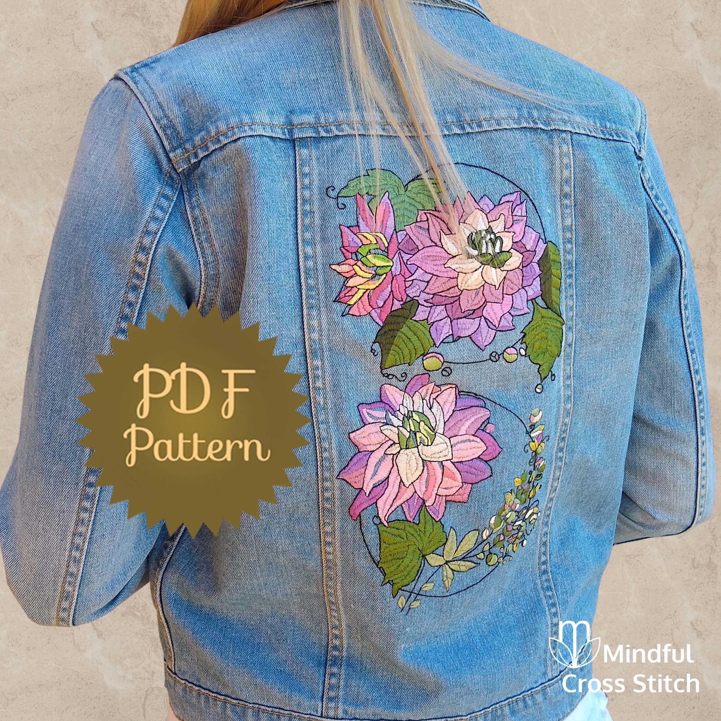 Floral Embroidery Pattern Pdf for Embroidered Denim Jacket. Dahlia